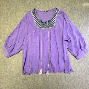 JODIFL‎ Womens Purple Tassel Neckline Eyelet Embroidered Boho Blouse Top Size L
